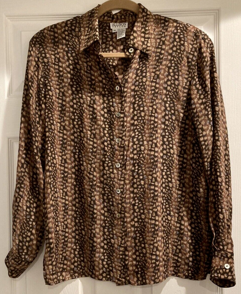Vtg Allison Taylor Womens Top Medium 100% Silk Animal Print Long Sleeve Blouse